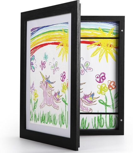 إطار خشبي للأطفال من EYMPEU مقاس 8.5 × 11 مع حصيرة أو 10 × 12.5 بدون حصيرة، إطار صورة عمل فني أسود تحميل أمامي لرسومات الأطفال، إطار تخزين عرض عمل فني قابل للتغيير، يحمل 100 قطعة من الورق in Kuwait