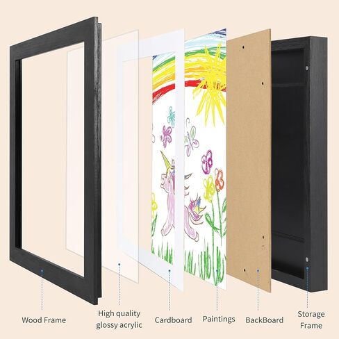 إطار خشبي للأطفال من EYMPEU مقاس 8.5 × 11 مع حصيرة أو 10 × 12.5 بدون حصيرة، إطار صورة عمل فني أسود تحميل أمامي لرسومات الأطفال، إطار تخزين عرض عمل فني قابل للتغيير، يحمل 100 قطعة من الورق in Kuwait