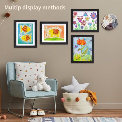 إطار خشبي للأطفال من EYMPEU مقاس 8.5 × 11 مع حصيرة أو 10 × 12.5 بدون حصيرة، إطار صورة عمل فني أسود تحميل أمامي لرسومات الأطفال، إطار تخزين عرض عمل فني قابل للتغيير، يحمل 100 قطعة من الورق in Kuwait