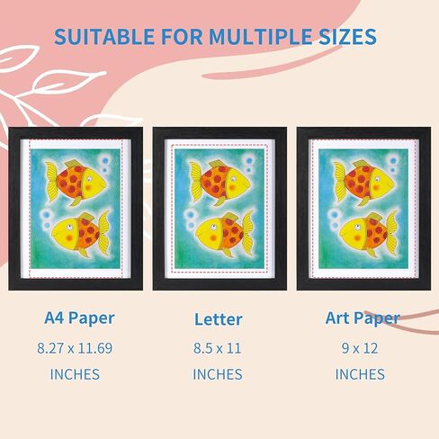 إطار خشبي للأطفال من EYMPEU مقاس 8.5 × 11 مع حصيرة أو 10 × 12.5 بدون حصيرة، إطار صورة عمل فني أسود تحميل أمامي لرسومات الأطفال، إطار تخزين عرض عمل فني قابل للتغيير، يحمل 100 قطعة من الورق in Kuwait