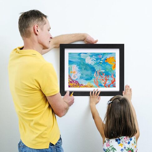 إطار خشبي للأطفال من EYMPEU مقاس 8.5 × 11 مع حصيرة أو 10 × 12.5 بدون حصيرة، إطار صورة عمل فني أسود تحميل أمامي لرسومات الأطفال، إطار تخزين عرض عمل فني قابل للتغيير، يحمل 100 قطعة من الورق in Kuwait