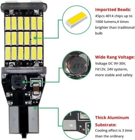 4pcs 9-30v 1000Lumens 921 912 T10 T15 LED Bulbs Super Bright 4014 45SMD Chips Lamps For Reverse Lights,Xenon white. in Kuwait