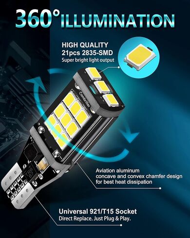 مصابيح LED Combriller 912 921 للنسخ الاحتياطي لمبات الضوء العكسي خالية من الأخطاء T15 906 W16W لمبات إضاءة احتياطية للشاحنة فائقة السطوع 6500K أبيض 2835 21-SMD 921 LED لمبة حزمة من 2 in Kuwait