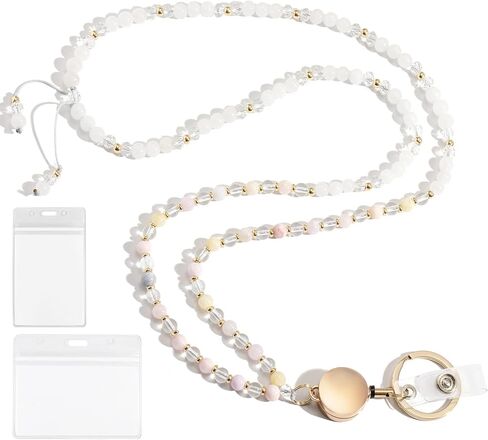 Beaded Lanyards for ID Badges and Keys, Cute Teacher Lanyard Retractable Natural Stone Lanyards for Women in Saudi Arabia
