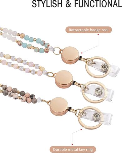Beaded Lanyards for ID Badges and Keys, Cute Teacher Lanyard Retractable Natural Stone Lanyards for Women in Saudi Arabia