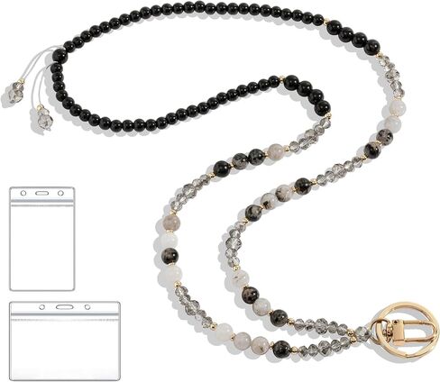 Beaded Lanyards for ID Badges and Keys, Cute Teacher Lanyard Retractable Natural Stone Lanyards for Women in Saudi Arabia
