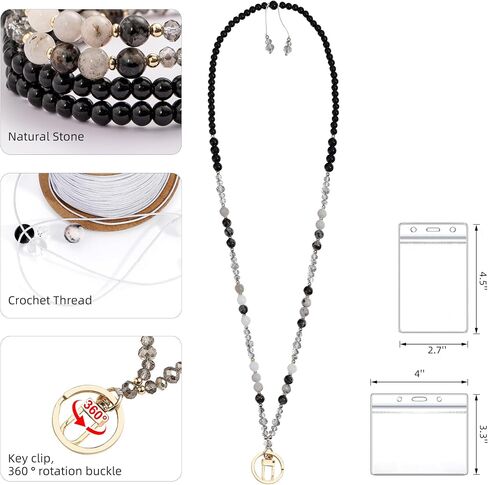 Beaded Lanyards for ID Badges and Keys, Cute Teacher Lanyard Retractable Natural Stone Lanyards for Women in Saudi Arabia