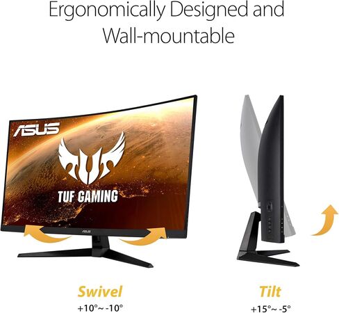 شاشة ASUS TUF Gaming 32 بوصة 1440P HDR منحنية (VG32VQ1B) - QHD (2560 × 1440)، 165 هرتز (يدعم 144 هرتز)، 1 مللي ثانية، طمس حركة منخفض للغاية، مكبر صوت، FreeSync Premium، قابل للتركيب على VESA، DisplayPort، HDMI، أسود in Saudi Arabia