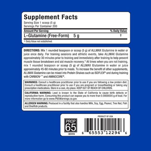 ALLMAX Essentials GLUTAMINE - 1000 g Powder - Fermentation-Derived Glutamine - Increases Recovery & Supports Immune System - Gluten Free & Vegan - 200 Servings in Saudi Arabia