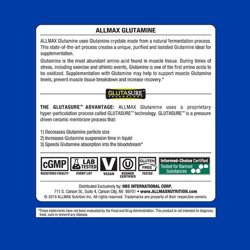 ALLMAX Essentials GLUTAMINE - 1000 g Powder - Fermentation-Derived Glutamine - Increases Recovery & Supports Immune System - Gluten Free & Vegan - 200 Servings in Saudi Arabia