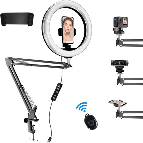 ضوء حلقة سيلفي 10 بوصة مع كاميرا علوية وحامل هاتف، ضوء حلقة سطح المكتب مع جهاز تحكم عن بعد لهاتف iPhone، مناسب لتسجيل الفيديو، اجتماعات التكبير، البث المباشر، TikTok، YouTube in Kuwait