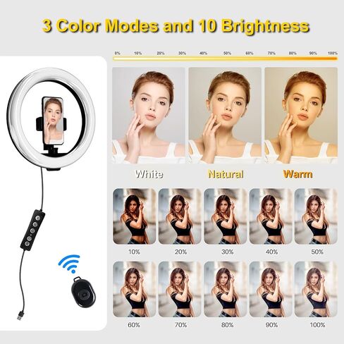 ضوء حلقة سيلفي 10 بوصة مع كاميرا علوية وحامل هاتف، ضوء حلقة سطح المكتب مع جهاز تحكم عن بعد لهاتف iPhone، مناسب لتسجيل الفيديو، اجتماعات التكبير، البث المباشر، TikTok، YouTube in Kuwait