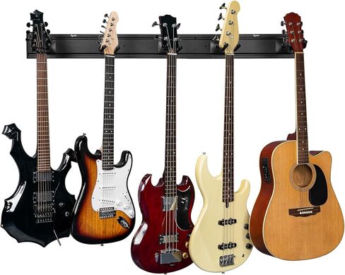 5 حامل جداري للجيتار مع شماعات جيتار قوية للجيتار الصوتي الكهربائي، الجهير، القيثارات المتعددة، البانجو، المندولين، نظام السكك الحديدية المصنوعة من الألومنيوم، أسود in Kuwait