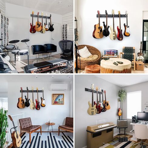 5 حامل جداري للجيتار مع شماعات جيتار قوية للجيتار الصوتي الكهربائي، الجهير، القيثارات المتعددة، البانجو، المندولين، نظام السكك الحديدية المصنوعة من الألومنيوم، أسود in Kuwait