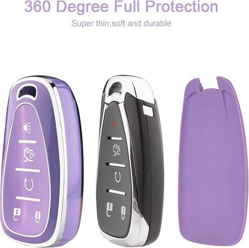 لغطاء مفتاح Chevy Key Fob مع سلسلة مفاتيح، حافظة مفاتيح ناعمة من مادة TPU حماية كاملة لسيارة شيفروليه 2016-2021 Chevy Equinox Malibu Camaro Cruze Blazer Traverse Trax 5 حامل أزرار (أرجواني) in Saudi Arabia