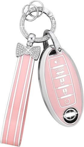 PIFOOG Key Fob Cover for Nissan 5 Button Pink Car Keys Shell Case Bling Keychain Protector Accessories for Altima Sentra Rogue Pathfinder Murano Armada Maxima Versa Soft TPU Girly Women in Kuwait
