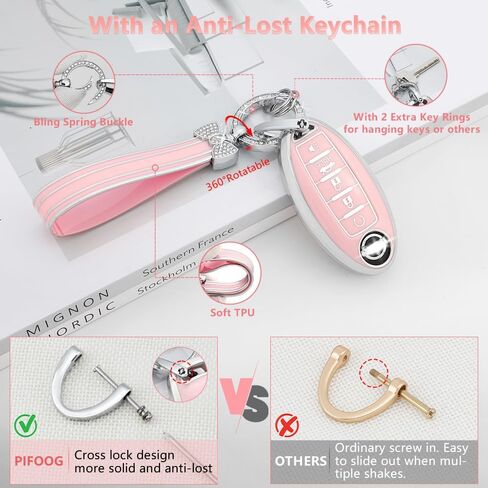 PIFOOG Key Fob Cover for Nissan 5 Button Pink Car Keys Shell Case Bling Keychain Protector Accessories for Altima Sentra Rogue Pathfinder Murano Armada Maxima Versa Soft TPU Girly Women in Kuwait