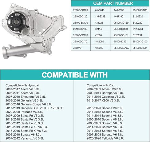 مضخة مياه AW6048 (V6 3.3L 3.5L 3.8L) لسيارة Hyundai Azera Entourage Genesis Palisade Santa Fe Sonata Veracruz، Kia Amanti Borrego Cadenza K900 Sedona Sorento Telluride، 25100-3C100 25100-3C120 in Kuwait