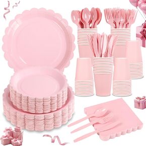 LIYH 350 PCS Pink Paper Plates and Napkins - 50 Guest Valentines Plates Light Pink Party Supplies Include Pink Scalloped Plates Cups Plastic Spoons Forks Knives for Baby Shower,Birthday