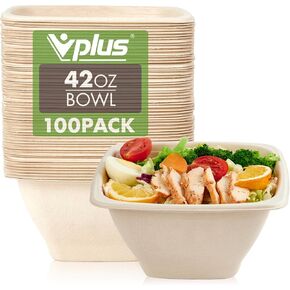 Vplus 100 Pack 42 OZ Paper Bowls, Square Disposable Compostable Bowls Bulk, Eco-friendly Bagasse Bowls, Heavy-duty Large Bowls Perfect for Milk Cereals, Snacks, Salads