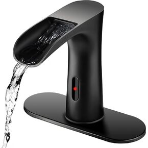 Waterfall Automatic Sensor Faucet, Touchless Bathroom Faucet Commercial Bathroom Touchless Faucet for 1 or 3 Holes, Hands-Free Faucet, Adjustable Hot & Cold Mixer Control, Battery Powered, Black