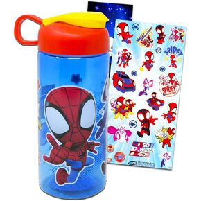 Marvel Spidey and Friends Plastic Water Bottle for Boys and Girls ~ 3pc Bundle Spiderman Reusable Water Bottle For Home, School, and Sports, Stickers, and Door Hanger