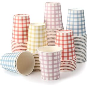 Tioncy 9 oz Gingham Paper Drinking Cups, 100 Pieces, 4 Colors, Checkered Cups for Hot Cold Beverage, Birthday Party, Travel, Picnic