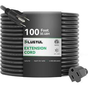 Extension Cord 100FT, 16/3 Gauge Outdoor Extension Cord Waterproof, 13A 1625W SJTW, ETL Listed, Great for Garden and Home, Black