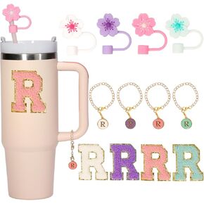 12PCS Cup Accessories Set For Stanley Cup,4 Pcs Straw Cover,4PCS Sticker Letter,4 PCS Letter Handle Charm,For Stanley Cup 30oz&40oz Tumbler Initials Decorations For Stanley, (Letter R)