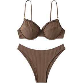 MakeMeChic Women's 2 Piece Bikini Set Rib Knitted Frill Trim Underwire High Cut Bathing Suit Swimsuit in Kuwait