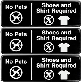 Excello Global Products No Pets, Shoes, Shirt Required Sign: Easy to Mount Informative Plastic Sign with Symbols 9"x3", Pack of 3 (Black)
