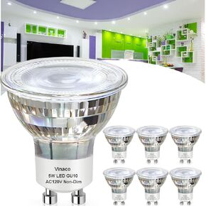 Vinaco LED Flicker-Free GU10 Bulb, 6PCS Long Lasting MR16 GU10 LED Bulb 5000K Daylight White, 450LM GU10 LED Bulb Non Dimmable 5W (50W Equivalent) GU10 Light Bulb LED for Recessed Track Lighting