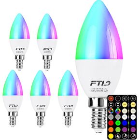 FTL E12 LED Color Changing Candelabra Light Bulb with Remote Control,5W 40W Equivalent,2700K-6000K Colored Light Bulbs, Dimmable 30 Colors B11 RGB Candle Light Bulbs for Chandelier Lighting, 6-Pack