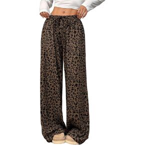 Women's Leopard Wide Leg Baggy Pants Drawstring Waist Y2K Sweatpants Casual Long Trousers