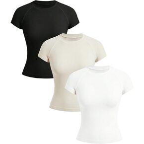 WDIRARA Women's 3 Pack Round Neck Short Sleeve Slim Fit Shirt Workout Solid Casual Tops