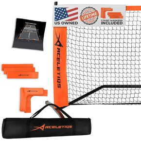 نظام Pickleball Net المحمول للداخلية والخارجية | 22 قدم طويل حجم التنظيم حجم كرة المخلل الكامل شبكة | يشمل علامات الأرضية وحقيبة الحمل | إنشاء ملعب المخلل الكامل المحمولة