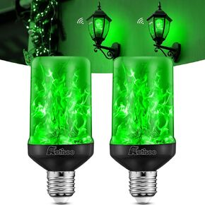 Retisee 2 Pack Upgraded Green LED Flame Effect Light Bulbs, Dusk to Dawn Light Bulbs Outdoor, Auto On/Off, E26 Base Flickering Light Bulb with Upside Down Effect, Fire Bulb for Party Porch Outdoor