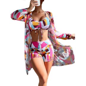 Women's 3 Piece Swimsuits Beach Kimono Cover ups Bikini Sets Swimwear Long Sleeve Bathing Suit with Shorts
