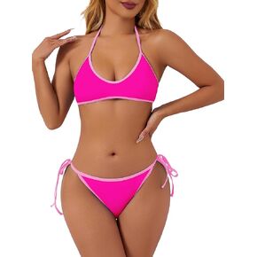 TASHEHE Women's Tie Bikini Set Sexy High Cut Color Block Two Piece Swimsuit Halter Bathing Suit