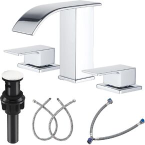 Bathroom Faucet 3 Hole, Chrome Waterfall Bathroom Faucets, 8 Inch Widespread Modern Bathroom Sink Faucet & Parts, Wide Spread Touch On Three Hole 2 Handle Bathroom Vanity Mixer