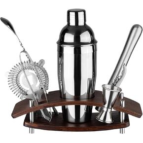 Mixology Bartender Kit Shaker Shaker مجموعة: 9 قطع ، أدوات بار مع موقف دوار ، شريط مع جميع أدوات الملحقات الأساسية: Martini Shaker ، Jigger ، مصفاة ، ملعقة خلاط ، Muddler ECT ، (Silver)