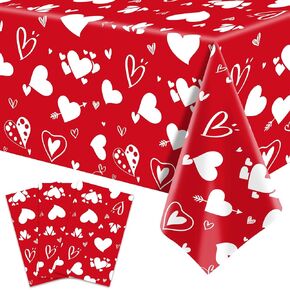 3-Pack 54 x 108 Inch Valentine's Day Plastic Tablecloth - Red with White Heart Design, Disposable Romantic Love Themed Rectangle Table Cloth for Dining Room Table Cover Indoor Outdoor Decorations