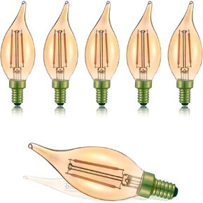 E12 Led Light Bulbs Retro Candelabra Led Light Bulbs Dimmable 25 Watt Incandescent Equivalent CRI 85+ 150lm Flame Tip Shape Ca11 Shape for Chandelie/Ceiling Fans 2200k Amber 6Pack