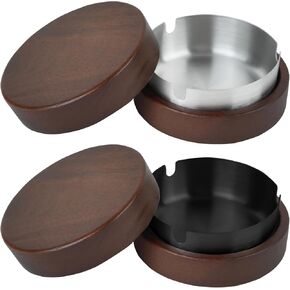 Zoyiancy 2 Pair Wooden Ashtrays for Cigarettes, Windproof ash tray with Lid, Cute Ashtray with Stainless Steel for Man Indoor Outdoor Parties Office Home Balcony