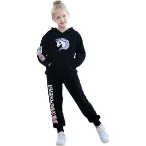 Girls Long Sleeve Hooddie Sweatshirt and Jogger Pants Winter Outfits Unicorn 6-11 Years
