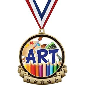 Art Medals - 2.5" Gold Artist Medal Award Includes Red White and Blue Neck Ribbon, Great Kids Art Awards Prime