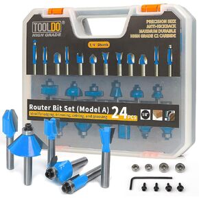 Router Bit Set 24 Pieces, 24A (24 pcs Model A）, 1/4 inch Shank, Professional Router Bit Kit for DIY, Woodworking Project, High Grade with Bearing