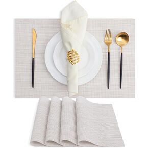 MOSAYT Plastic/Vinyl Placemats Set of 4 - Woven Heat Resistant Place Mats, Washable Non-Slip Table Mats for Kitchen/Dining/Party/Outdoor(12 x 18 inch, Beige)