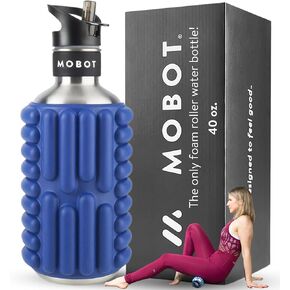 MOBOT Portable Travel Foam Roller Water Bottle with Sip Straw, Stainless Steel Screw Lid | Insulated Sports Water Bottle and Foam Rollers for Yoga, Workout, Home Gym, & Exercise 40oz. (Blue)