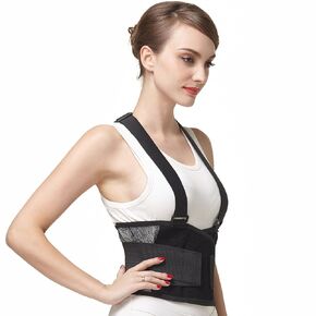 NeoTech Care Back Brace with Suspenders/Shoulder Straps - Light & Breathable - Lumbar Support Belt for Lower Back Pain - Posture, Work, Gym - Black Color (Size M)